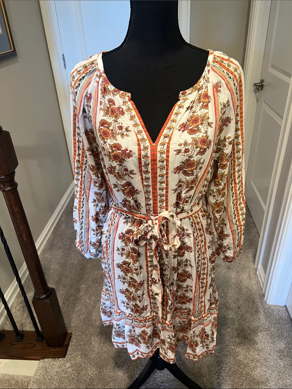 LOFT Cream Mini Dress with Orange Rust Floral Stripe Print Boho Style